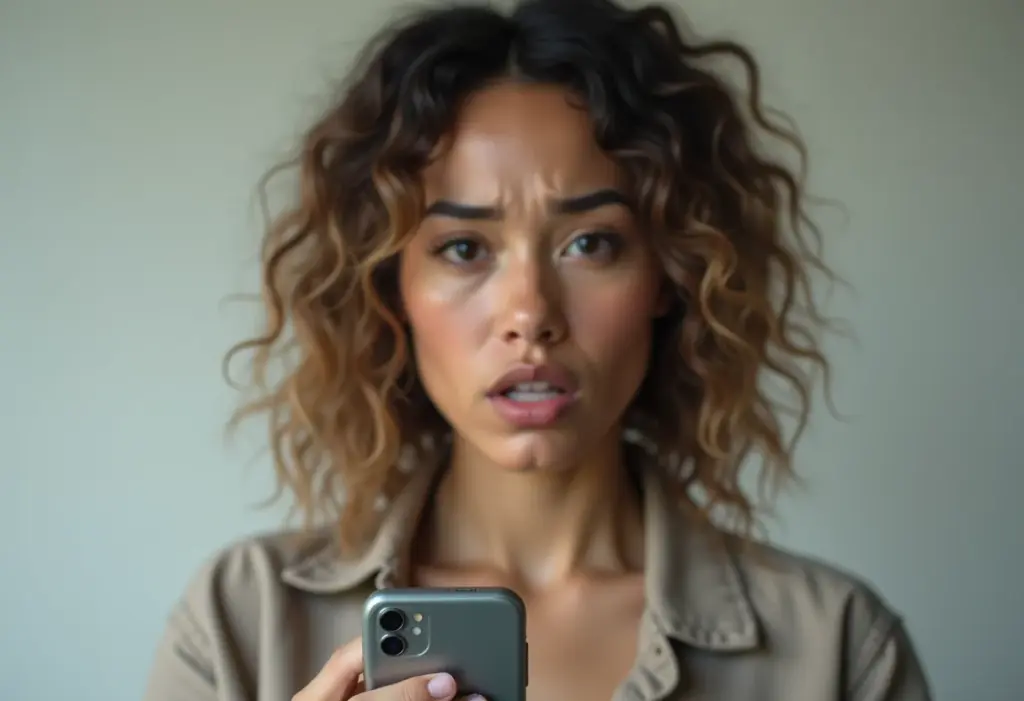 Mulher preocupada com notificações no celular.