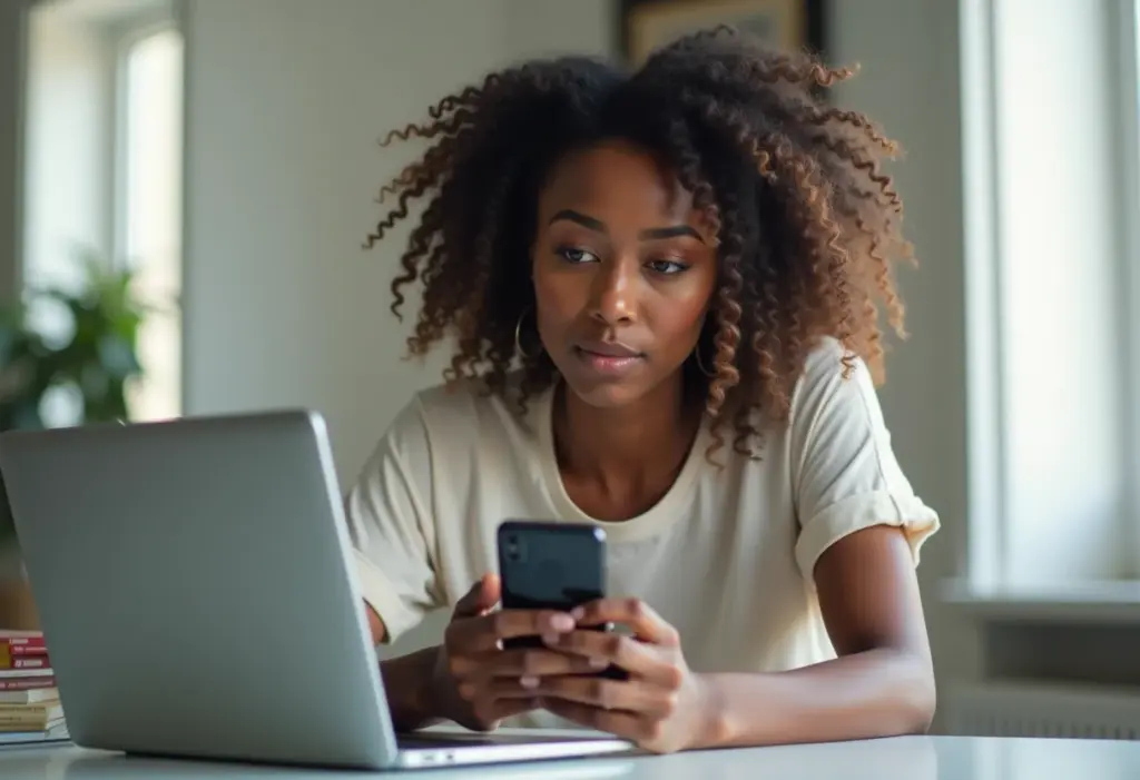 Privacidade nas redes sociais: o guia essencial para se proteger Mulher preocupada olhando para o celular, pensando sobre privacidade online