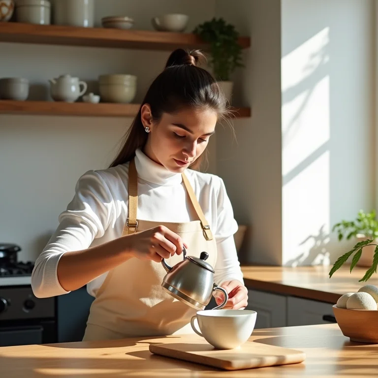 Mulher preparando chá de Espinheira Santa em uma cozinha iluminada.