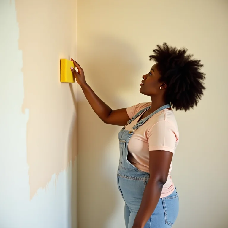 Mulher preparando parede para pintura geométrica