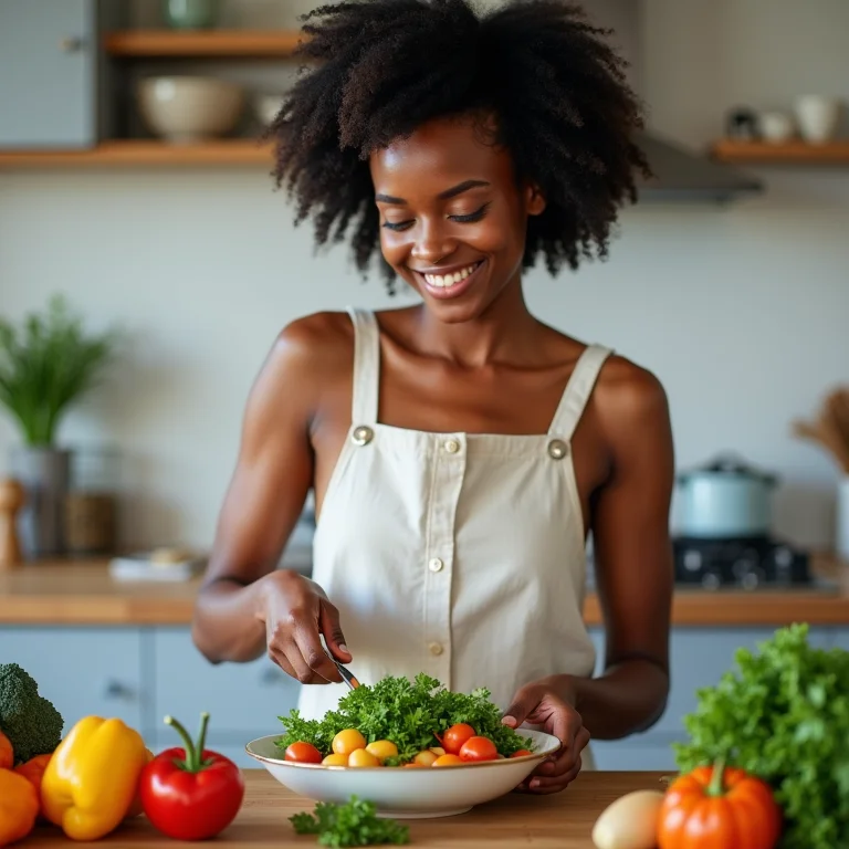 Mulher preparando uma salada colorida na cozinha.