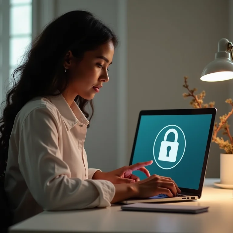 Mulher protegendo arquivos com cadeado no laptop, representando a segurança de dados pessoais