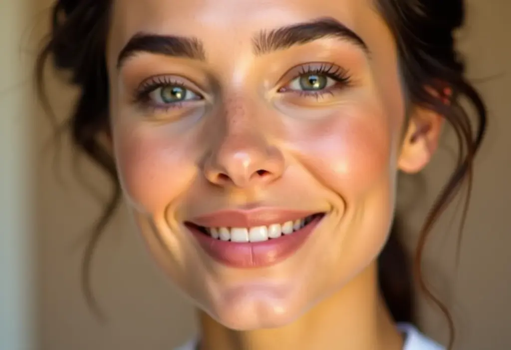 Mulher radiante aplicando maquiagem de contorno para afinar o rosto