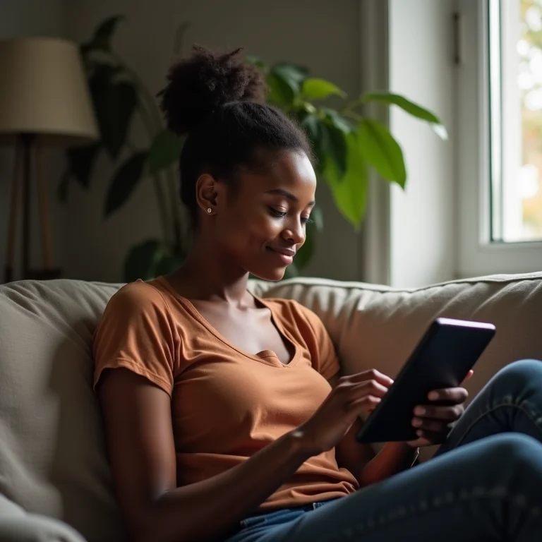 Mulher relaxada assistindo YouTube sem anúncios