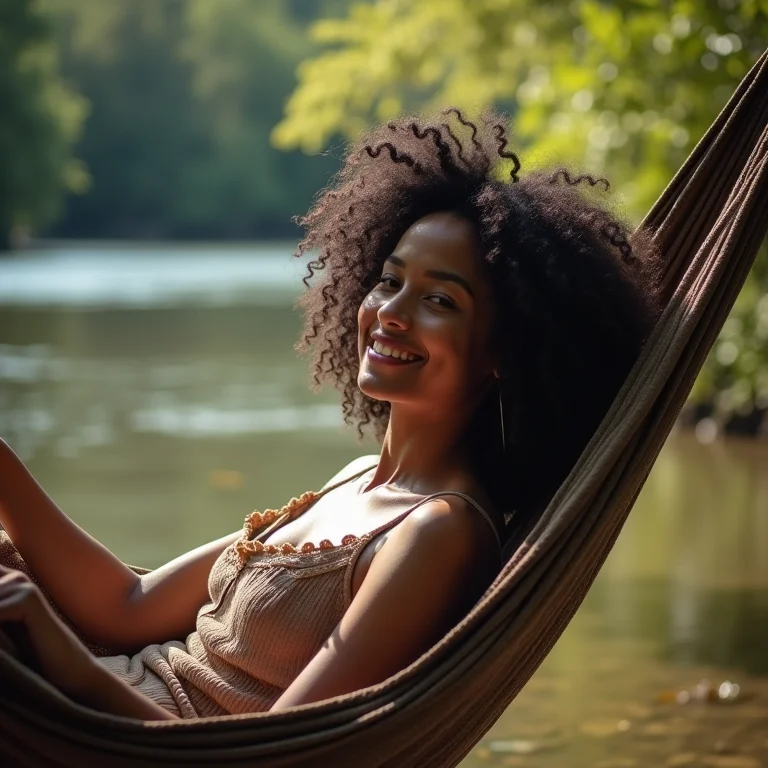 Mulher relaxando em uma rede à beira do rio em Boa Vista.