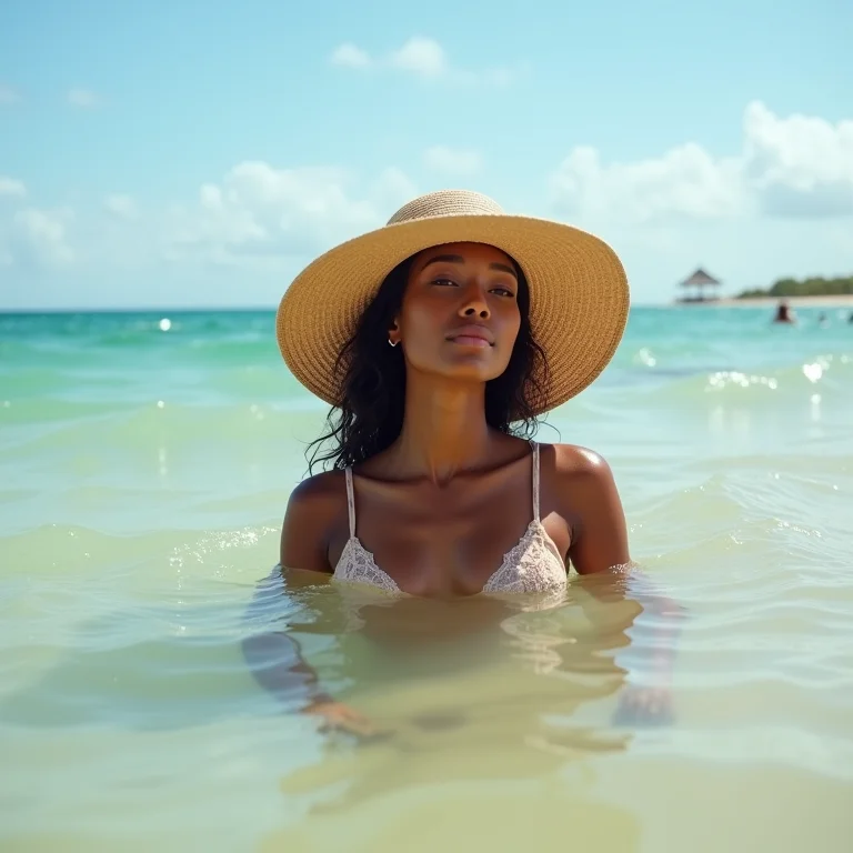 Mulher relaxando nas piscinas naturais da Praia de Camurupim, Rio Grande do Norte