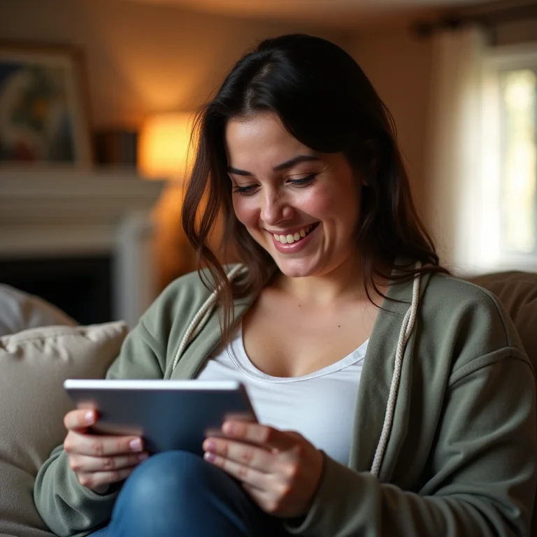 Mulher revisando configurações de privacidade.