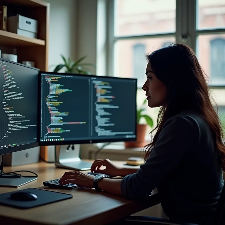 Mulher ruiva programando em um ambiente de trabalho moderno