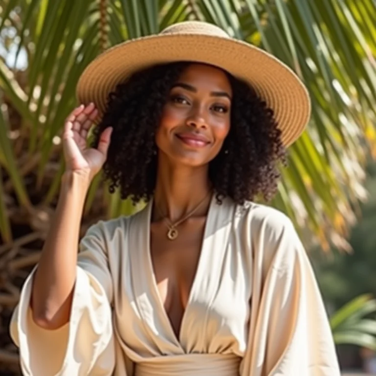 Mulher se protegendo do sol com quimono e chapéu