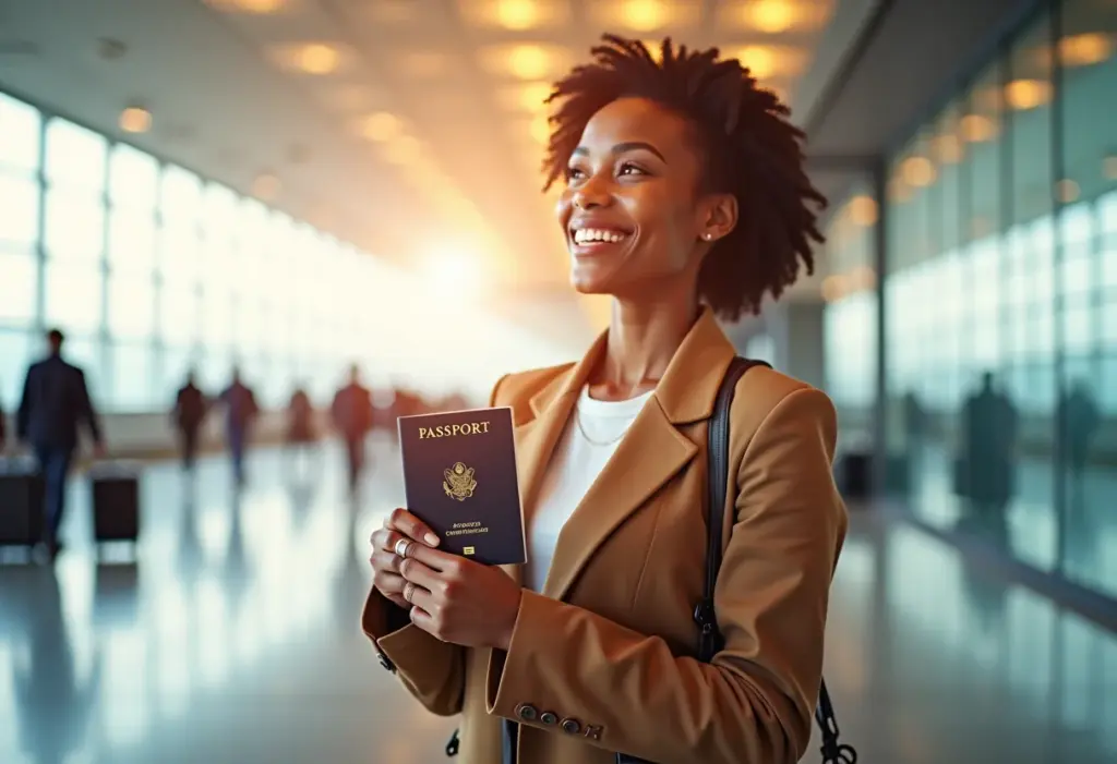 Mulher segura passaporte e passagem aérea, olhando para o futuro com confiança.