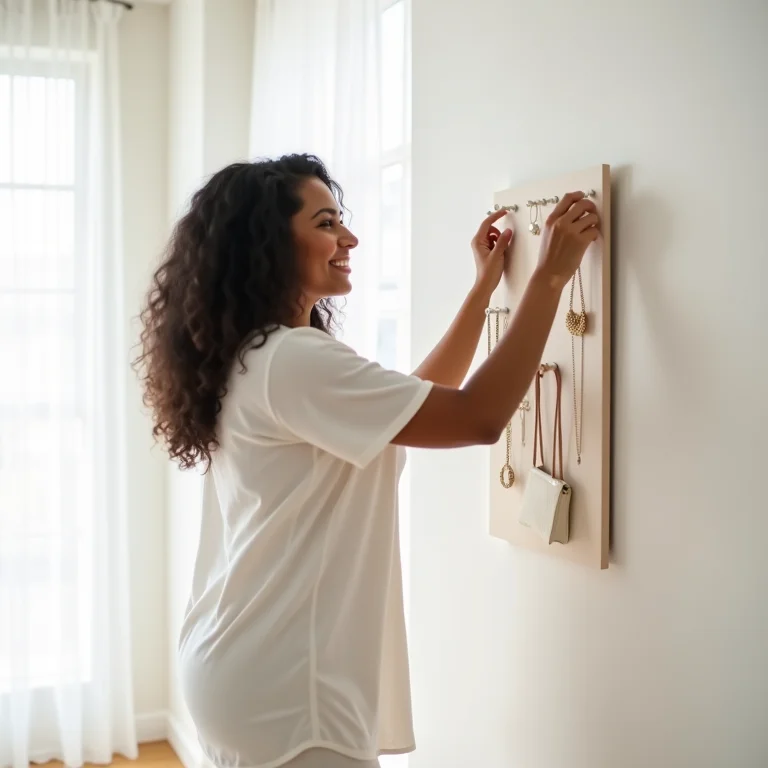 Mulher sorrindo ao pegar colar em porta-joias de parede