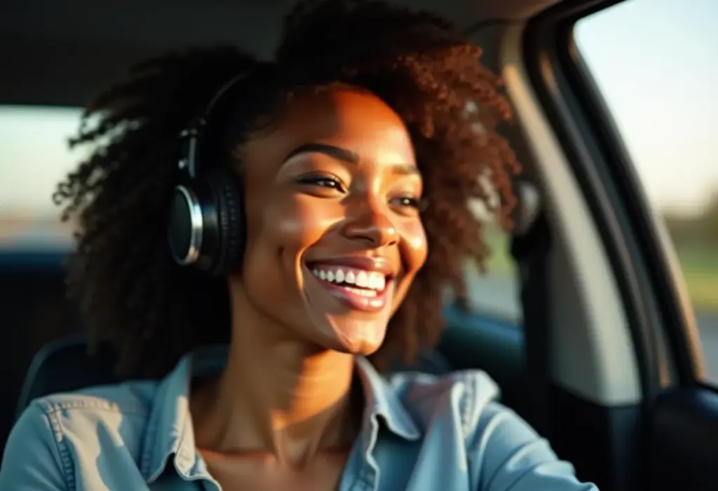Mulher sorrindo em carro durante trânsito produtivo