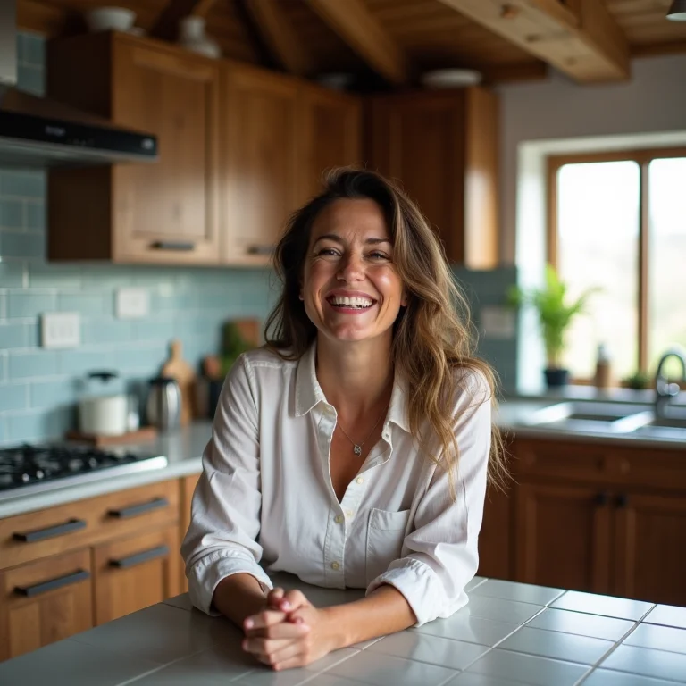 Mulher sorrindo em cozinha com detalhes em ladrilho hidráulico