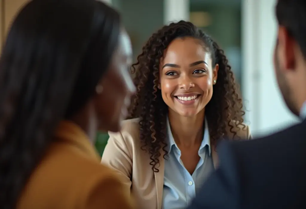 Mulher sorrindo em reunião com chefe