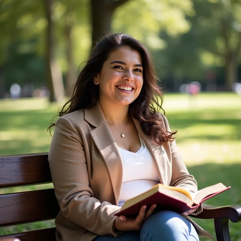 Mulher sorrindo enquanto lê um livro em um banco de parque.