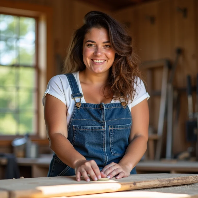 Mulher sorrindo enquanto lixa madeira para projeto DIY