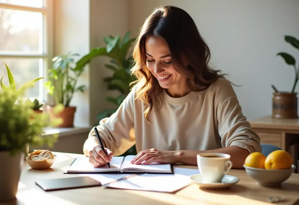 Mulher sorrindo enquanto organiza planner semanal