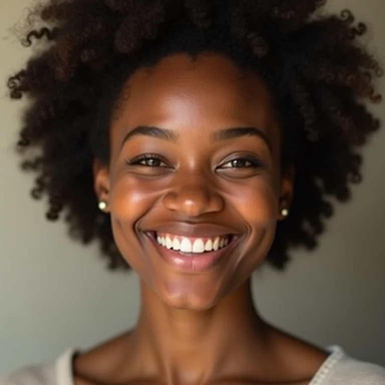 Mulher sorrindo mostrando as características de um rosto redondo