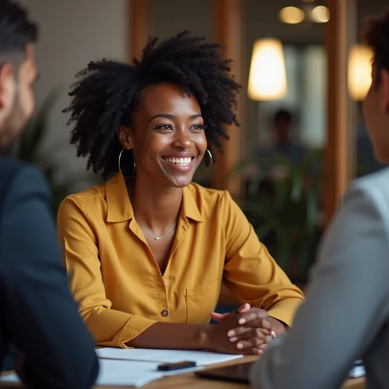 Mulher sorrindo olha nos olhos de um colega em uma reunião de trabalho.