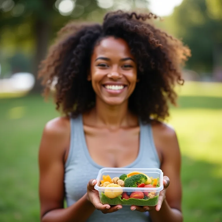 Mulher sorrindo segurando marmita fitness no parque.