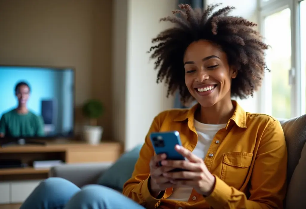 Celular com TV Digital ainda vale a pena? Descubra agora! Mulher sorrindo usando celular com TV digital