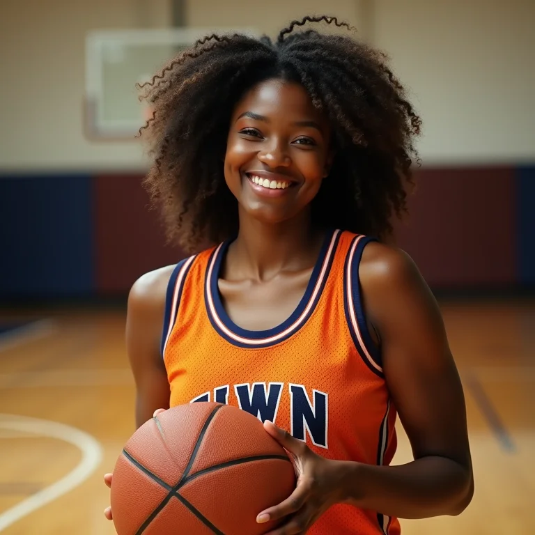 Mulher sorrindo vestindo uma camisa de basquete vintage.