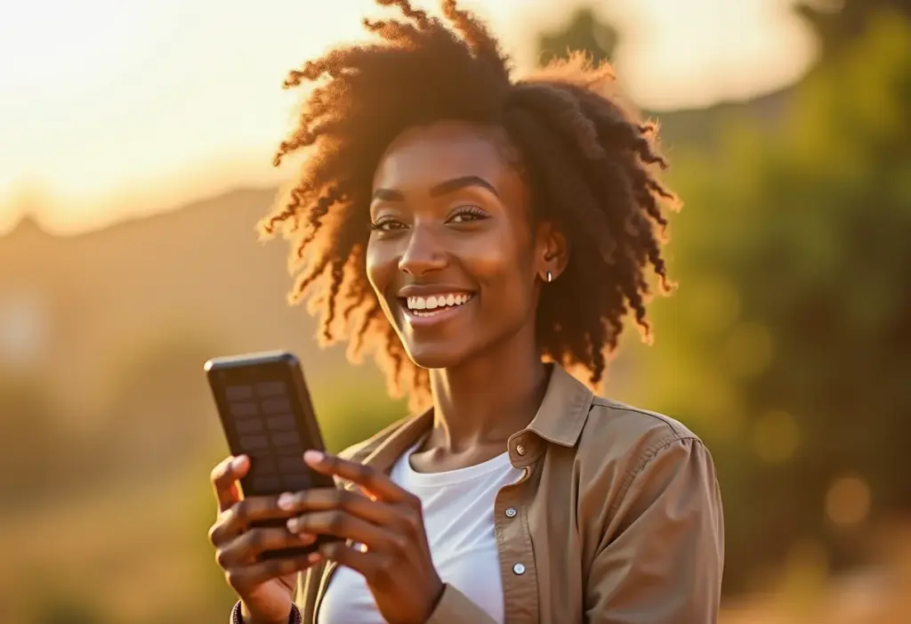 Mulher testando carregador solar portátil ao ar livre