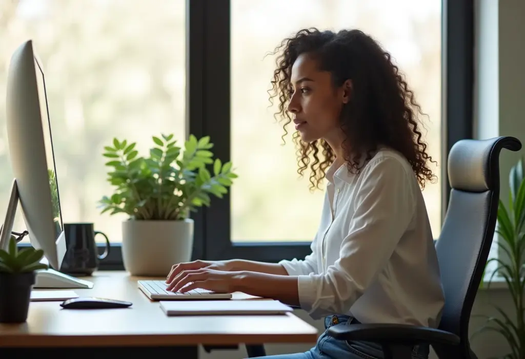 Mulher trabalhando em setup ergonômico e confortável