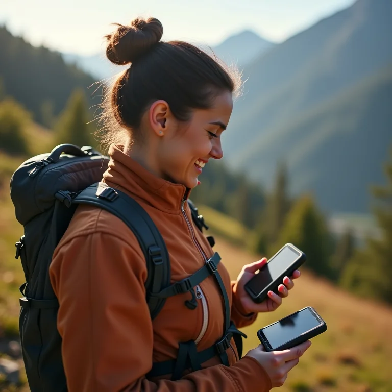 Mulher usando carregador solar durante trilha