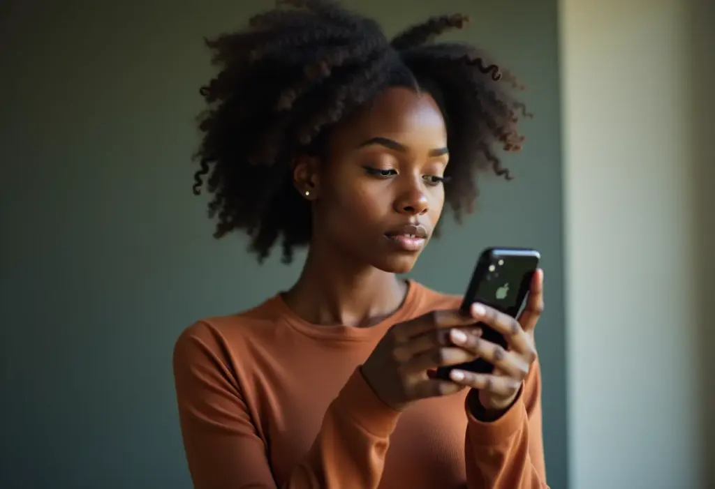 Mulher usando o celular com expressão pensativa, refletindo sobre privacidade online