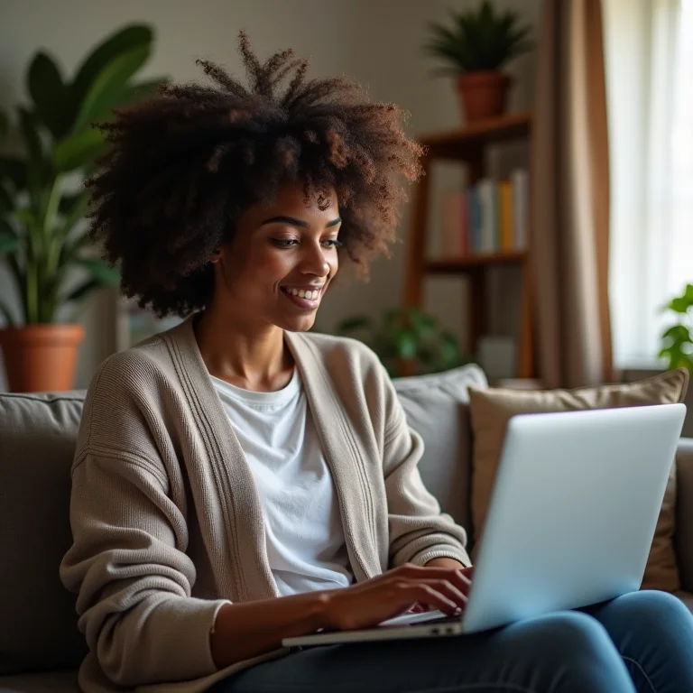 Mulher usando um laptop para acessar uma plataforma de milhas confiável.