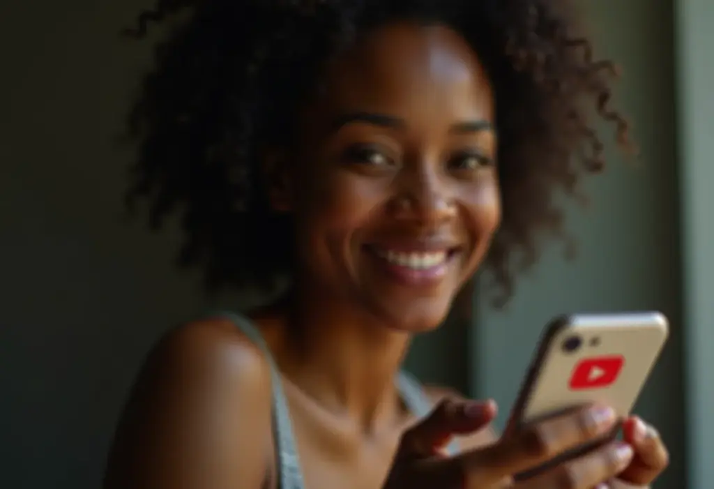 Mulher usando YouTube no celular, sem anúncios