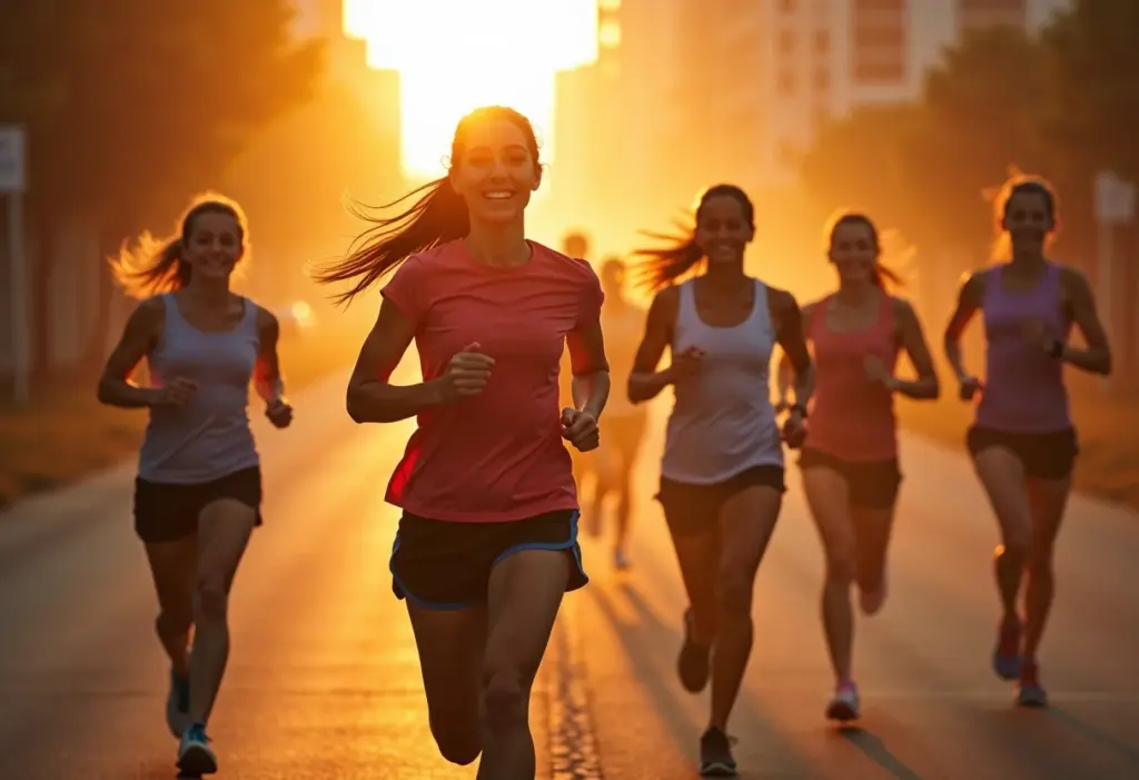 Mulheres correndo juntas ao nascer do sol.