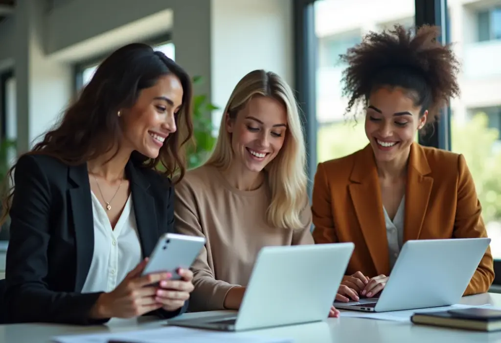 Mulheres diversas colaborando em escritório moderno, revisando documentos em dispositivos com senhas de segurança.