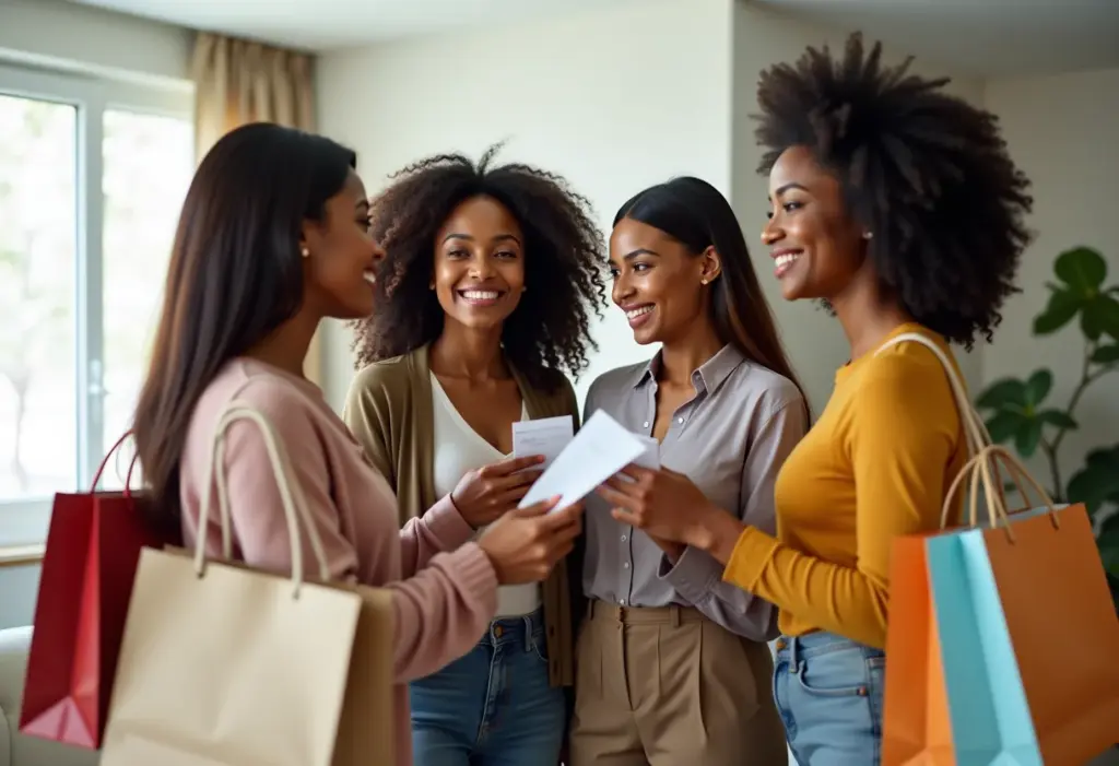 Mulheres diversas com sacolas de compras e comprovantes