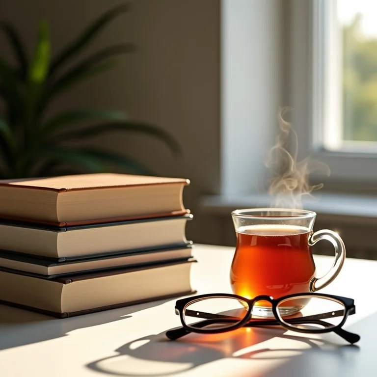 Natureza morta de livros, chá e óculos, representando o prazer da leitura.