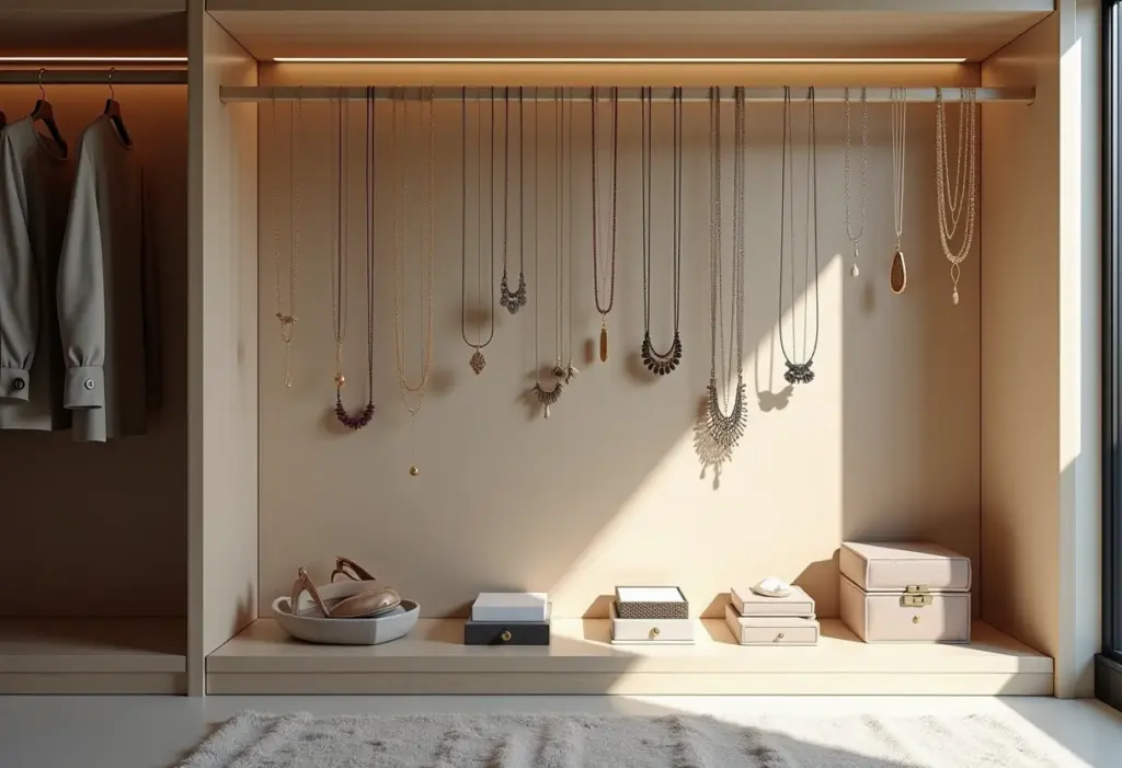 Organização de colares em closet minimalista