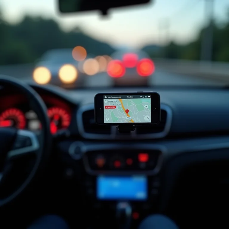 Painel de carro com celular mostrando o Waze e luzes de emergência acesas.