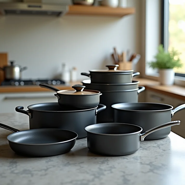 Panelas e frigideiras empilhadas para avaliação.