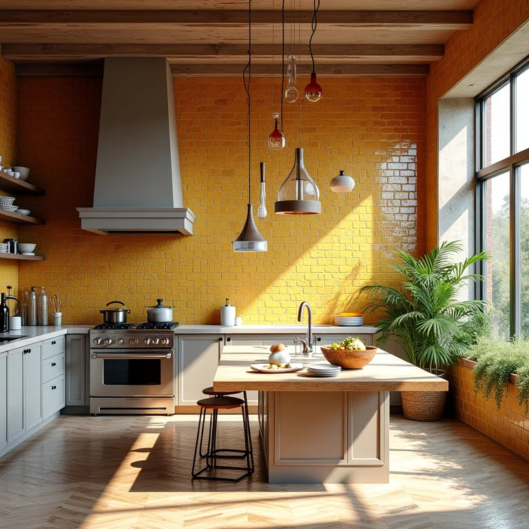 Parede de cozinha revestida com ladrilho hidráulico