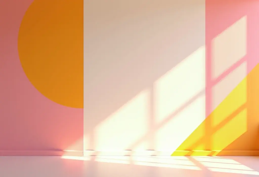 Parede geométrica colorida com detalhes de fita crepe