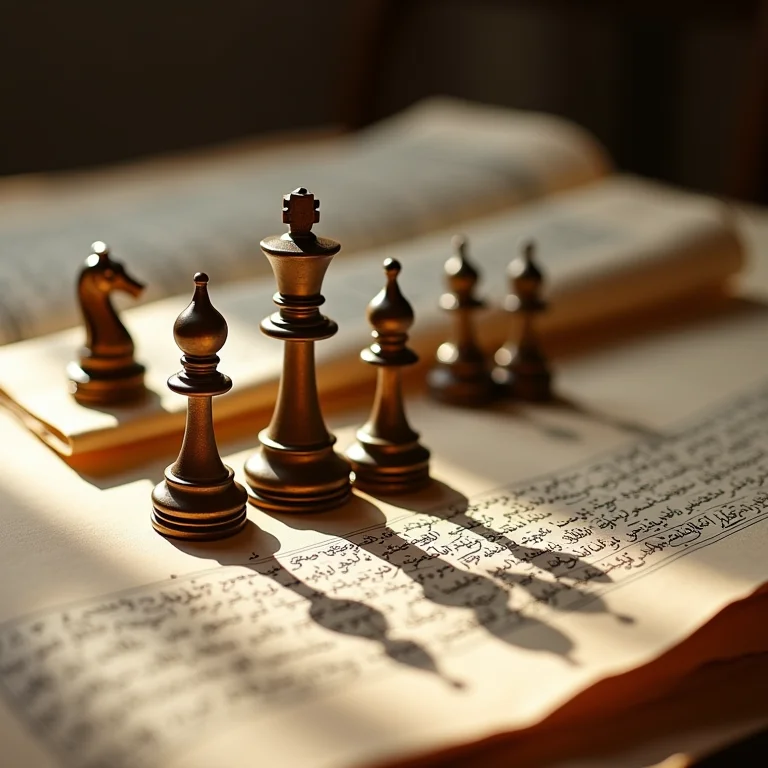 Peças de xadrez antigas com caligrafia árabe.