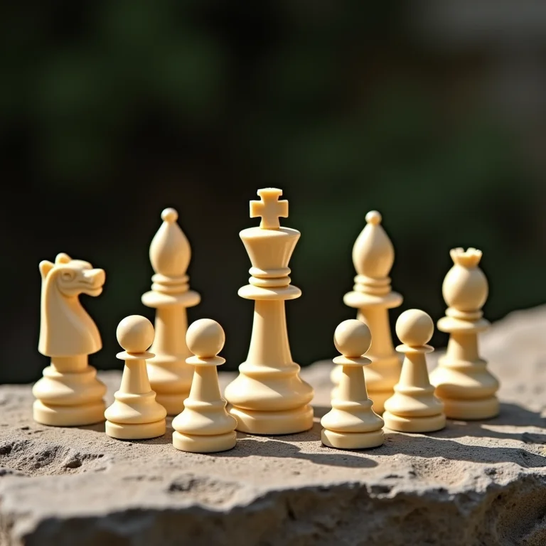 Peças de xadrez de marfim dispostas estrategicamente.