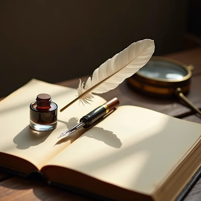 Pena de pena e tinteiro em um livro antigo, simbolizando o pensamento e a escrita.