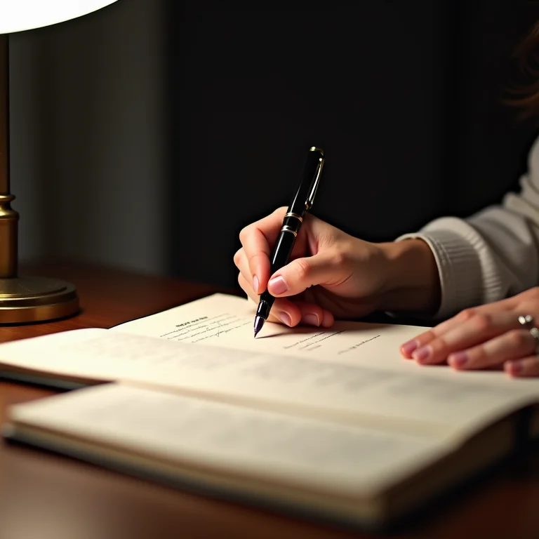 Pessoa escrevendo petição inicial para pequenas causas com caneta tinteiro.
