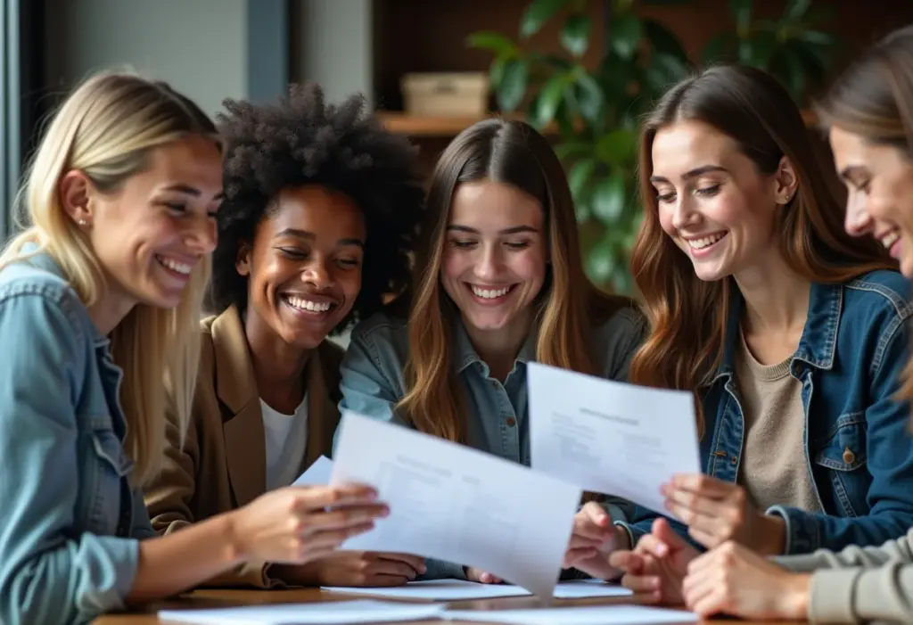 Pessoas diversas sorrindo enquanto analisam documentos financeiros