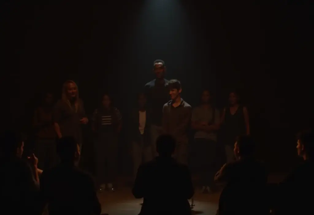 Pessoas jogando teatro de improviso em um palco escuro