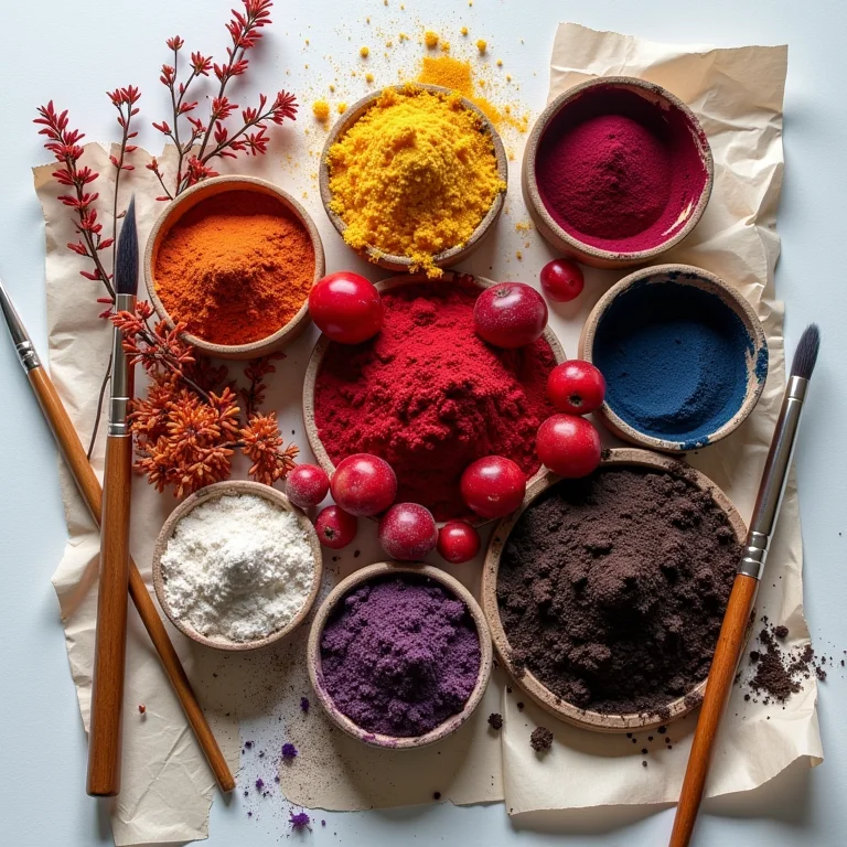 Pigmentos naturais dispostos como paleta de cores.