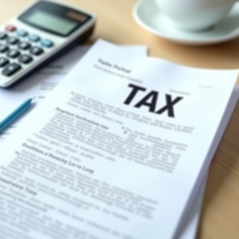 Pilha de documentos financeiros com calculadora destacando a palavra 'TAX'.