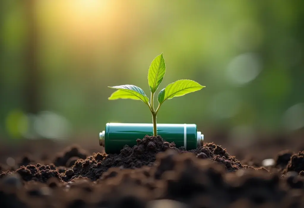 Pilhas descartadas próximas a uma pequena planta, simbolizando o impacto do descarte correto para um futuro sustentável.